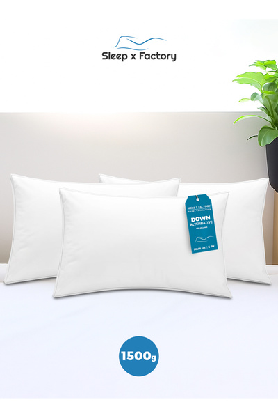 Sleep x Factory Premium Cotton Hotel Pillows – 3-Pack – Microfiber Fill – 1500g – Ultra Soft & Supportive