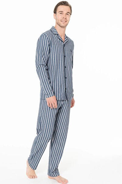 U.S. Polo Assn. Çizgili Erkek Pijama Takımı, Cepli, Pamuklu, Uzun Kollu, Gömlek Yaka, Lacivert, Gaffur Pijaması