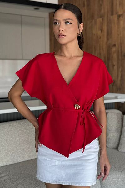 GÜLSELİ Red Double Breasted Collar Waist Lace up Sleeveless Short Jacket