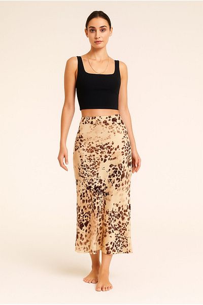OYERGA MODA Fusta de damă din satin cu model leopard
