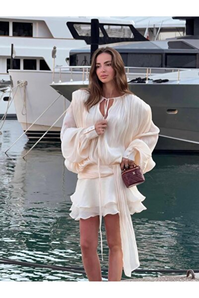 theanemos Saten Görünümlü Pliseli Mini Elbise