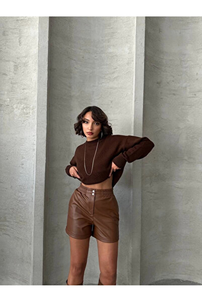 Zerenyus Δερμάτινο σορτς με ελαστική μέση και κουμπωτό καφέ