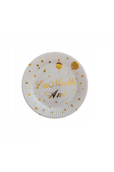 SDX Market Set of 8 party plates, happy birthday, white with gold, 18 cm