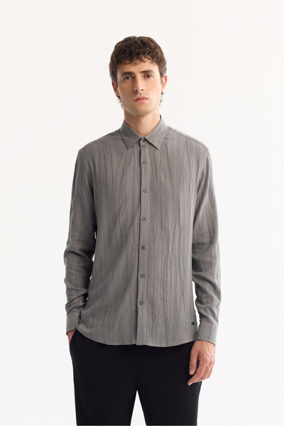 Avva Men's Gray Bottomed Textured Regular Fit Long Sleeve Shirt A52Y2055