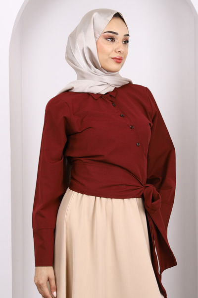 İmajButik Burgundy Waist Tie Crop Shirt