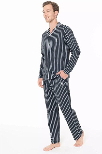 U.S. Polo Assn. Önden Düğmeli, Çizgili Erkek Pijama Takımı, Cepli, %100 Pamuklu, Uzun Kollu, Gömlek Yaka, Lacivert
