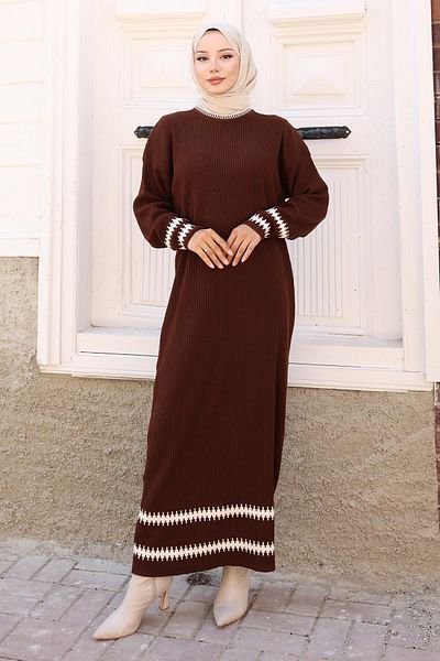 Modamihram Patterned Knitwear Dress Brown 6149