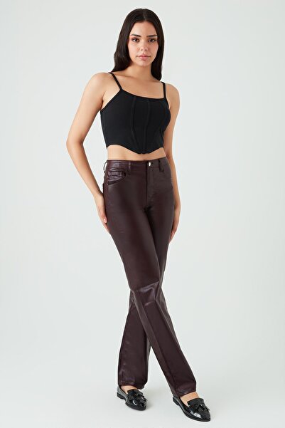 Select Moda Women's Burgundy Leather Look Wide Leg Trousers