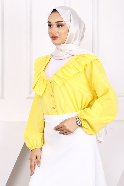 İmajButik Yellow Collar Ruffled Button Shirt