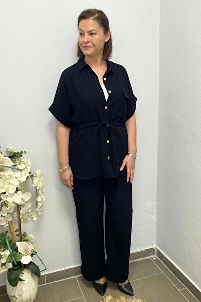 Mia Butik Women's Black Front Gather Detailed Linen Suit
