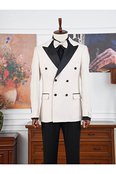 PAREZ Premium Erkek Slim Fit İtalyan Stil Jakar Desenli Kruvaze Smokin Damatl...