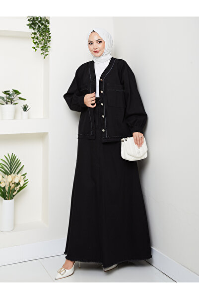 EFSUN MODA CEKETLI SAÇAKLI DETAYLİ SİYAH KOT TESETTÜR ETEKLİ TAKIM KOT KUMAŞ