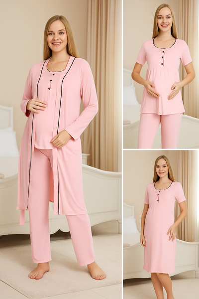 Miss Dünya Lissa Powder Morning Short Sleeve Breastfeeding Suitable Pregnant and Postpartum 4 Piece Pajama Set