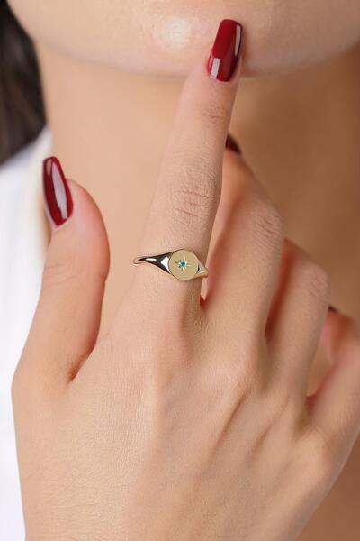 Fiyonk Kuyumculuk 14 Ayar Altın Akuamarin Taşlı Kutup Yıldızı Yüzük