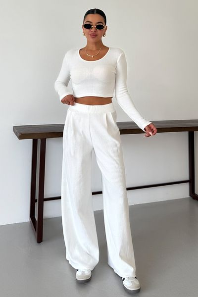 MODAGEN Women's White Round Neck Blouse Bottom-Top Pants Interlock Suit