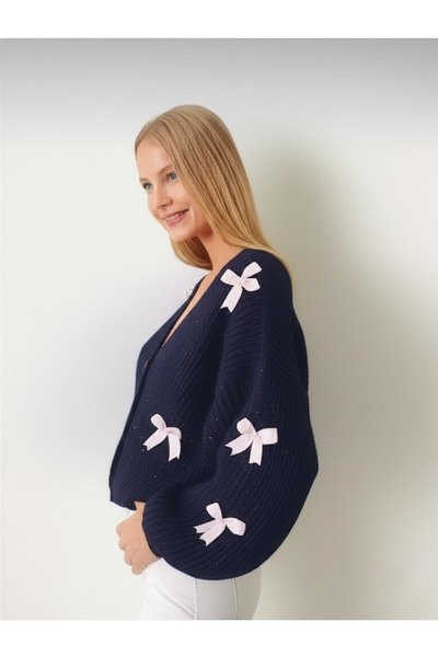 FLEX FASHION Women's Oversize Bow Detailed Ribbon Soft Knitwear Cardigan Dark Blue