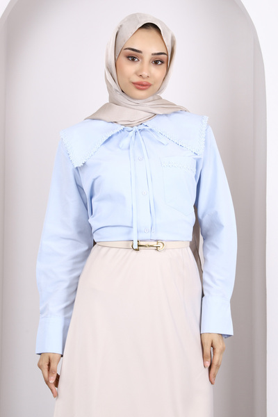 İmajButik Baby Blue Collar Shirt with Scallop Detail