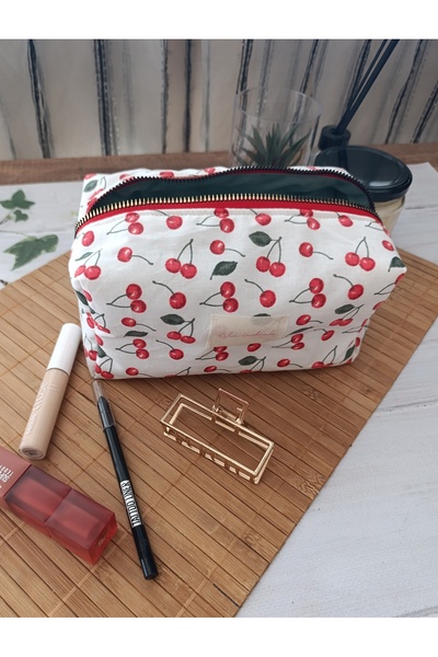 ÖZLEM HANDMADE Cherry Patterned Makeup Bag Large Size