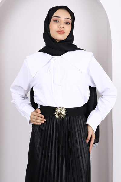 İmajButik Ecru Collar Fisto Detailed Shirt
