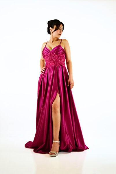 DİNÇLER Front Beaded Embroidered Back Lace up Slit Satin Long Evening Dress