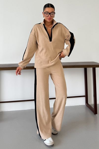 MODAGEN Women's Beige V-Neck Black Line Detail Sweater Bottom-Top Pants Suit