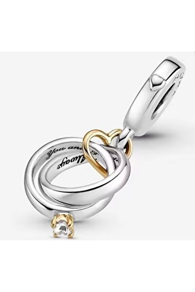 POSEİDONS JEWELLERY İki Renkli Çift Alyanslı Sallantılı s925 Gümüş Charm