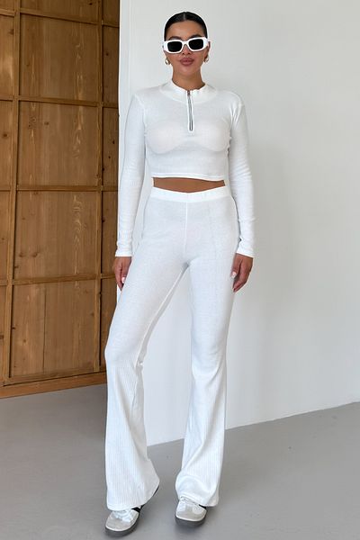 MODAGEN Women's White Half Zip Crop Top with Bottom Pants Set