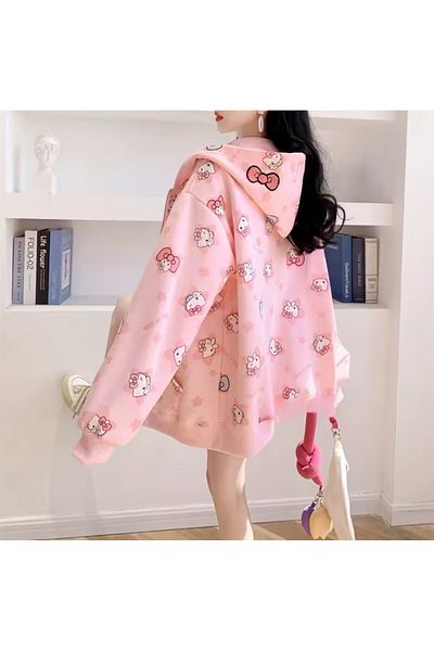 Touz Moda Kitty Detailed Zippered Hooded Cardigan
