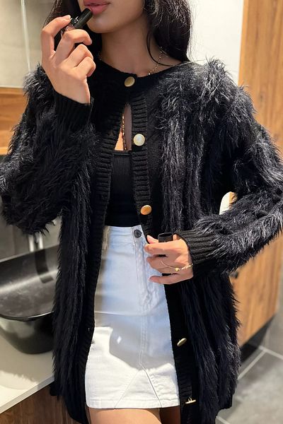 GÜLSELİ Black Women's Bearded Knitwear Cardigan