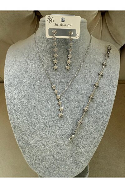 ANGELSS JEWELLERY مجموعة أقراط سوار على شكل نجمة متدلية من الفضة مع حجر الزرك...