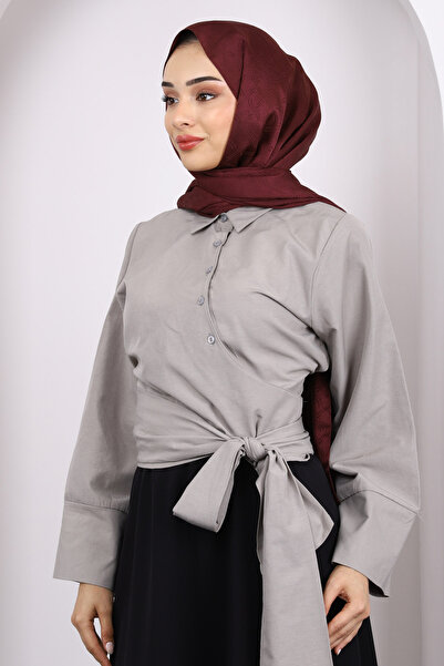 İmajButik Gray Tie Waist Crop Shirt