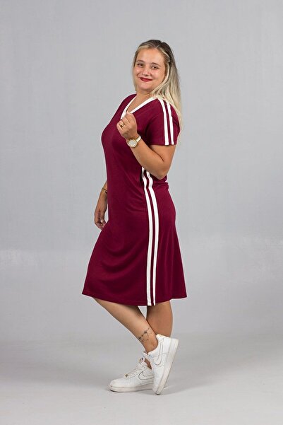 Truva XXL Plus Size Burgundy Combed Cotton Dress with White Stripes on the Side