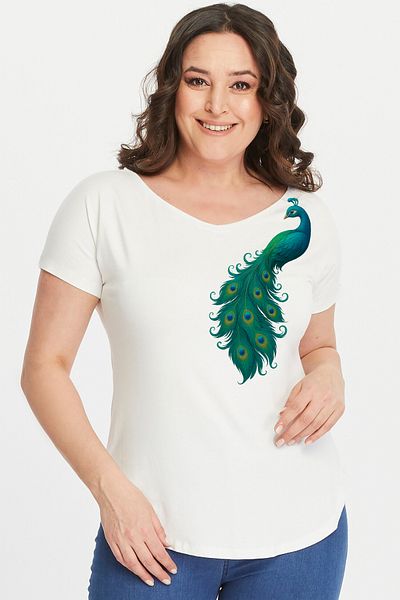 Curvy Trend Plus Size Peacock Printed Wide V-Neck Short Sleeve Oval Slit Blouse