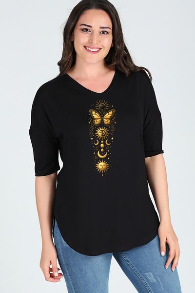 Curvy Trend Plus Size Symbol Printed Half Sleeve Side Slit Blouse