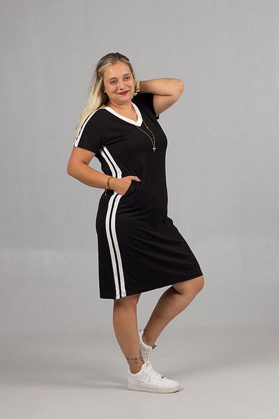 Truva XXL Black Combed Cotton Dress with White Stripes on the Side in Plus Size