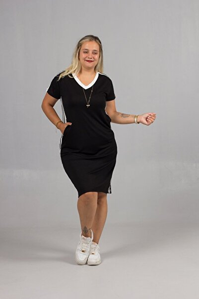 Truva XXL Black Combed Cotton Dress with White Stripes on the Side in Plus Size