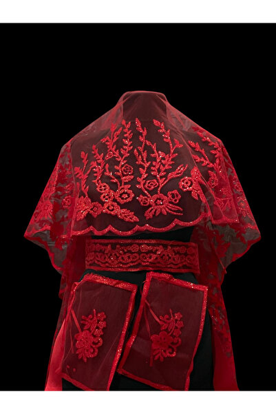 NEHİR AKSESUAR Fidan Kırmızı Simli Kına Örtüsü, Duvak Seti, Gelin Duvağı