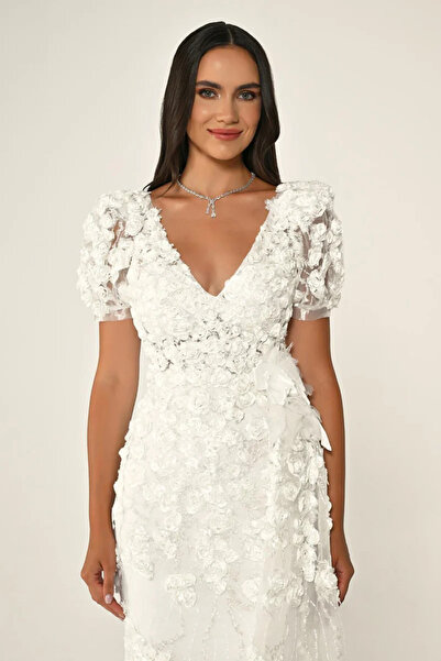 ALFABETA KADIN ABİYE KOLLU 3 BOYUTLU ÇİÇEK AKSESUARLI UZUN ŞIK ELBİSE