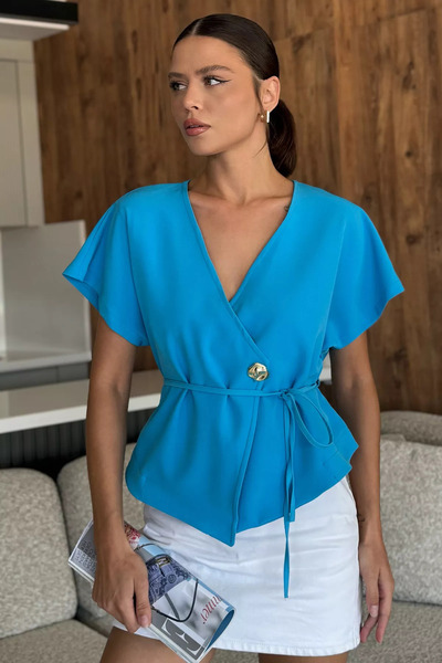 GÜLSELİ Blue Double Breasted Collar Waist Lace up Sleeveless Short Jacket