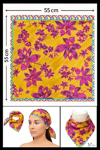 MAZEN Yellow Background Purple Flower Patterned Bandana Scarf |   55X55Cm |   Satin Square Scarf |   Women's Hair Accessory