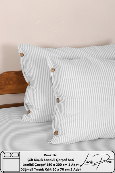 Larispera Double Fitted Sheet Set Cotton Yarn Dyed 180X200Cm Buttoned Pillowcase (50X70Cm2Pcs)