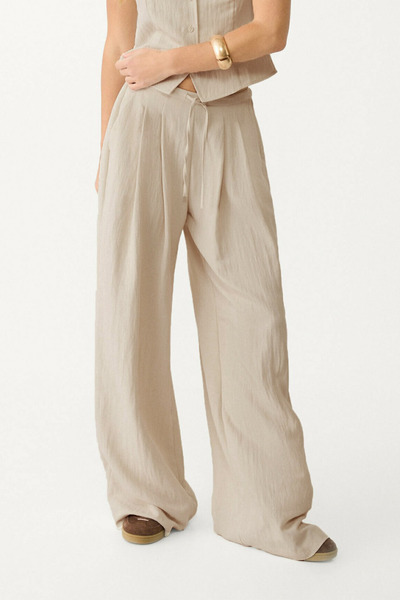 VODENS Linen Modal Blended Loose Cut Beige Trousers with Elastic Waist