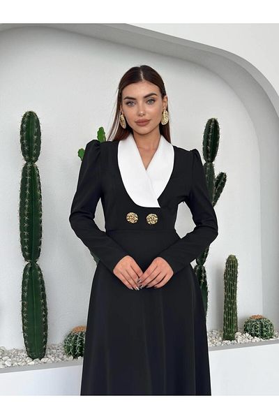 Julidress Gold Button Detailed Shawl Collar Premium Dress