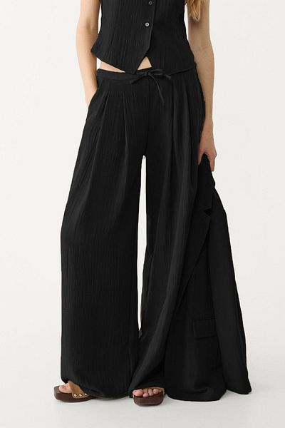 VODENS Linen Modal Blend Loose Cut Elastic Waist Black Trousers