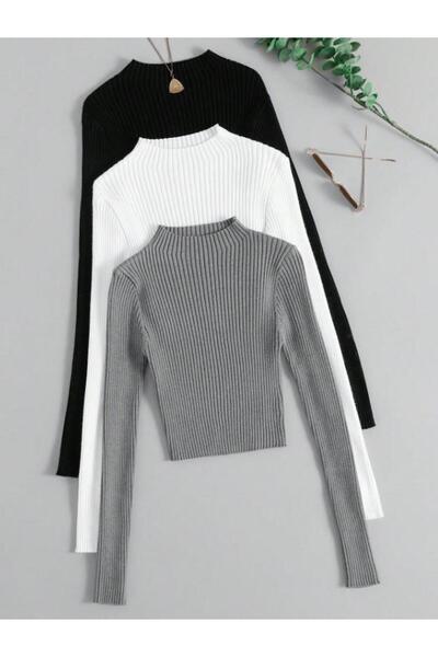 Paraf style Tricotaj pentru femei, 3 piese, pulover crop cu mâneci lungi, neg...