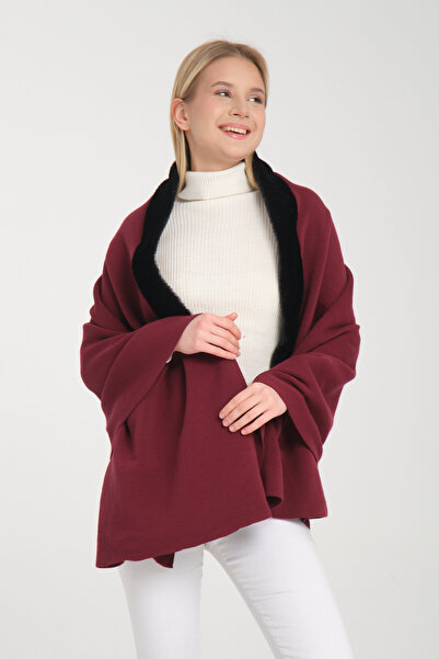 VEGA MODA شال كتف تريكو بتفاصيل فرو، شال تريكو شتوي مع فرو، وشاح كتف أنيق بتفاصيل فرو، شال كتف نسائي