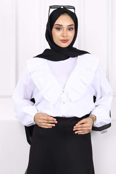 İmajButik Ecru Collar Ruffled Buttoned Shirt
