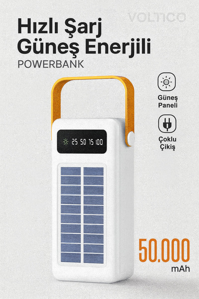 Voltico Güneş Enerjili Entegre Kablolu Powerbank – 50.000 mAh LED Işıklı Çokl...