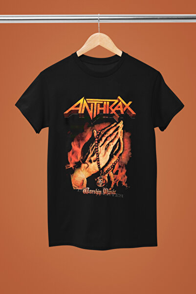 MAGORS تيشيرت روك من القطن مطبوع عليه أنثراسكس بأكمام قصيرة وقصة عادية