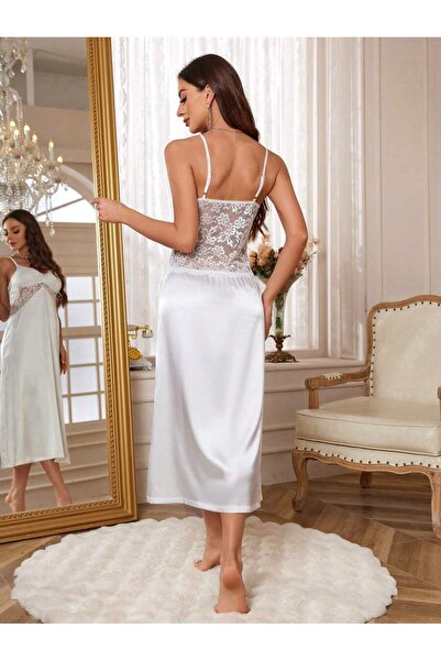 Jermo Women's Satin Lace and Otris Feather Detail Long Dressing Nightgown Set 2 Pack